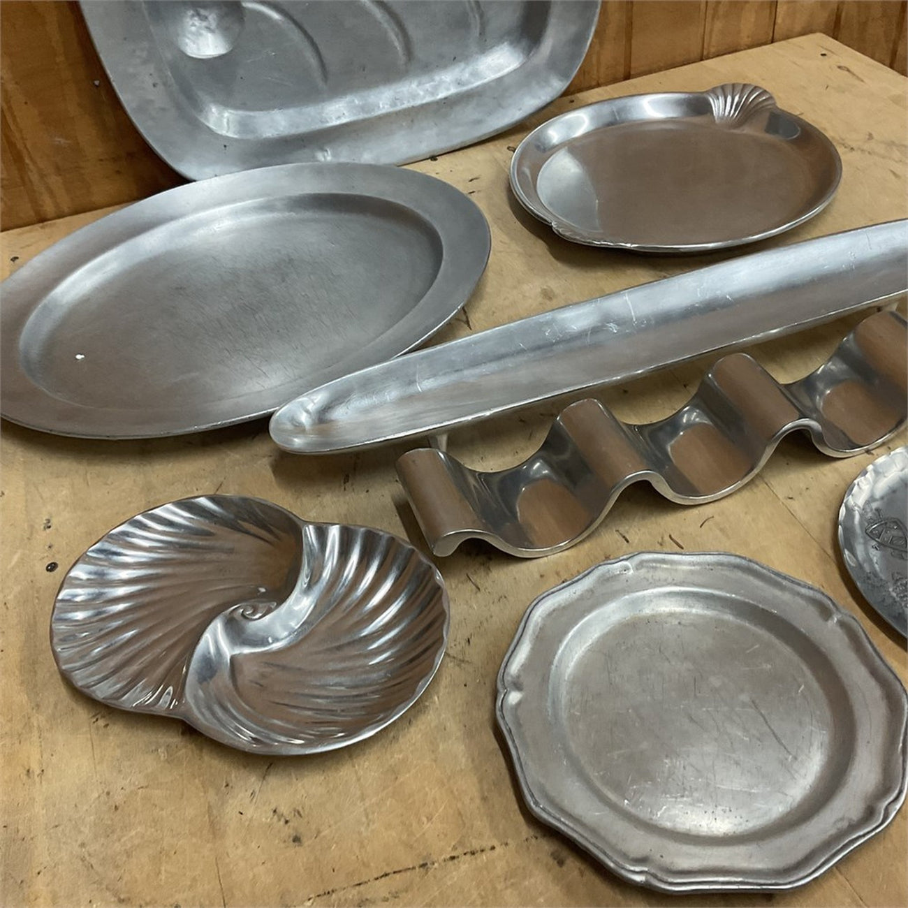 Vintage Cast Aluminum Serveware Lot with Pewter Plate — 8+ Serving Pieces