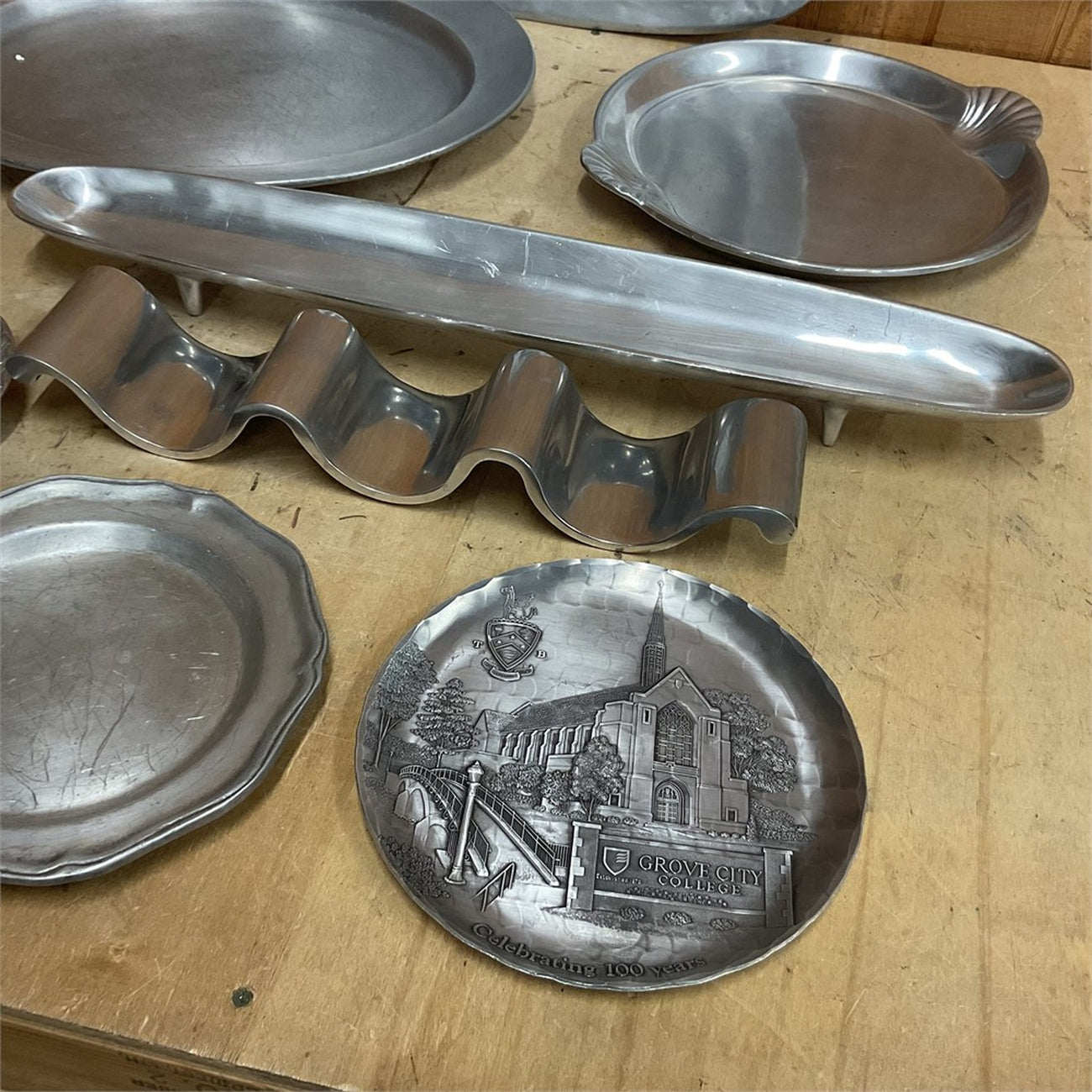 Vintage Cast Aluminum Serveware Lot with Pewter Plate — 8+ Serving Pieces