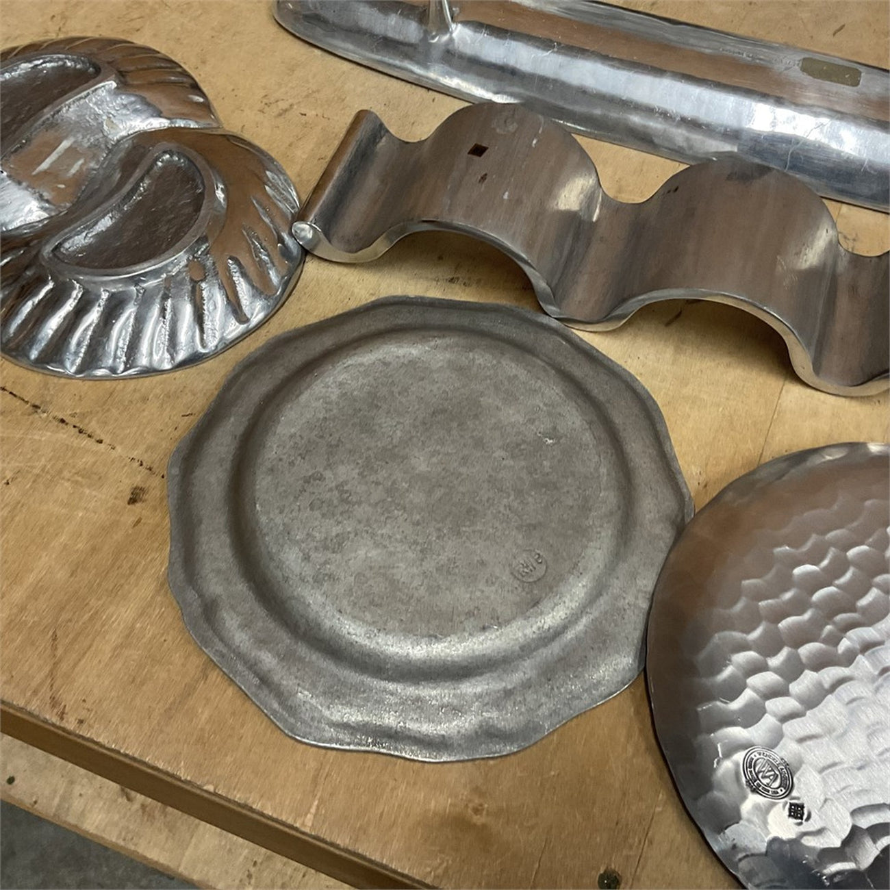 Vintage Cast Aluminum Serveware Lot with Pewter Plate — 8+ Serving Pieces