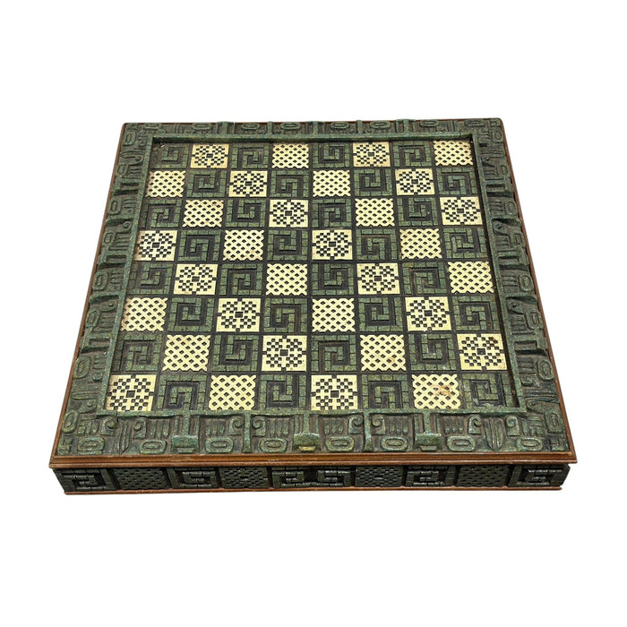 Vintage Aztec/Mayan Style Faux-Greenstone Chess Board Box — Oxilver Export, Mexico