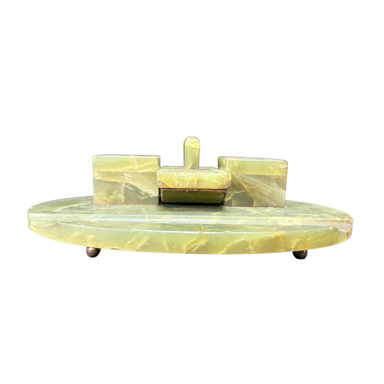 Antique green onyx desk set with inkwell and blotter