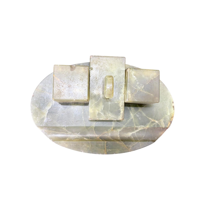 Antique Green Onyx Desk Set — Double Inkwell &amp; Rocker Blotter