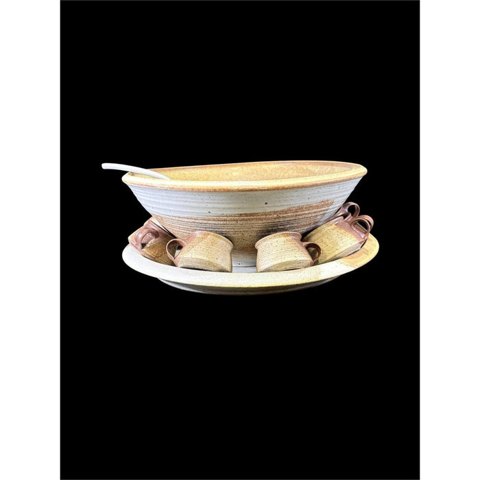 13-Piece Signed Studio Pottery Punch Bowl Set — Bowl, Platter, Ladle &amp; 10 Cups