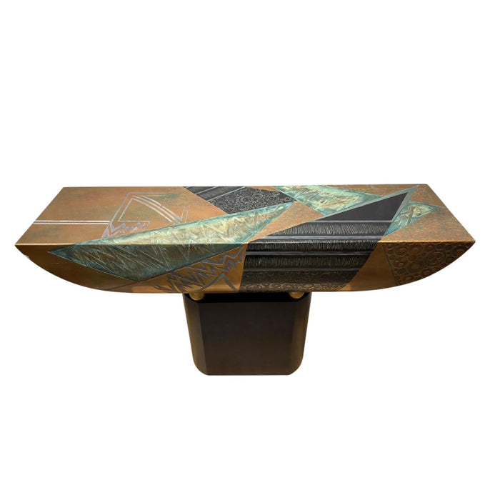 Large Postmodern Sculptural Console Table — 1980s Memphis-Era Mixed Metal
