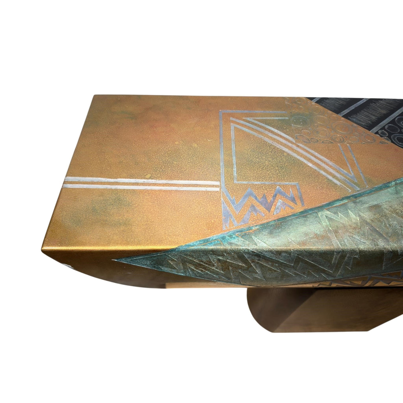 Large Postmodern Sculptural Console Table — 1980s Memphis-Era Mixed Metal