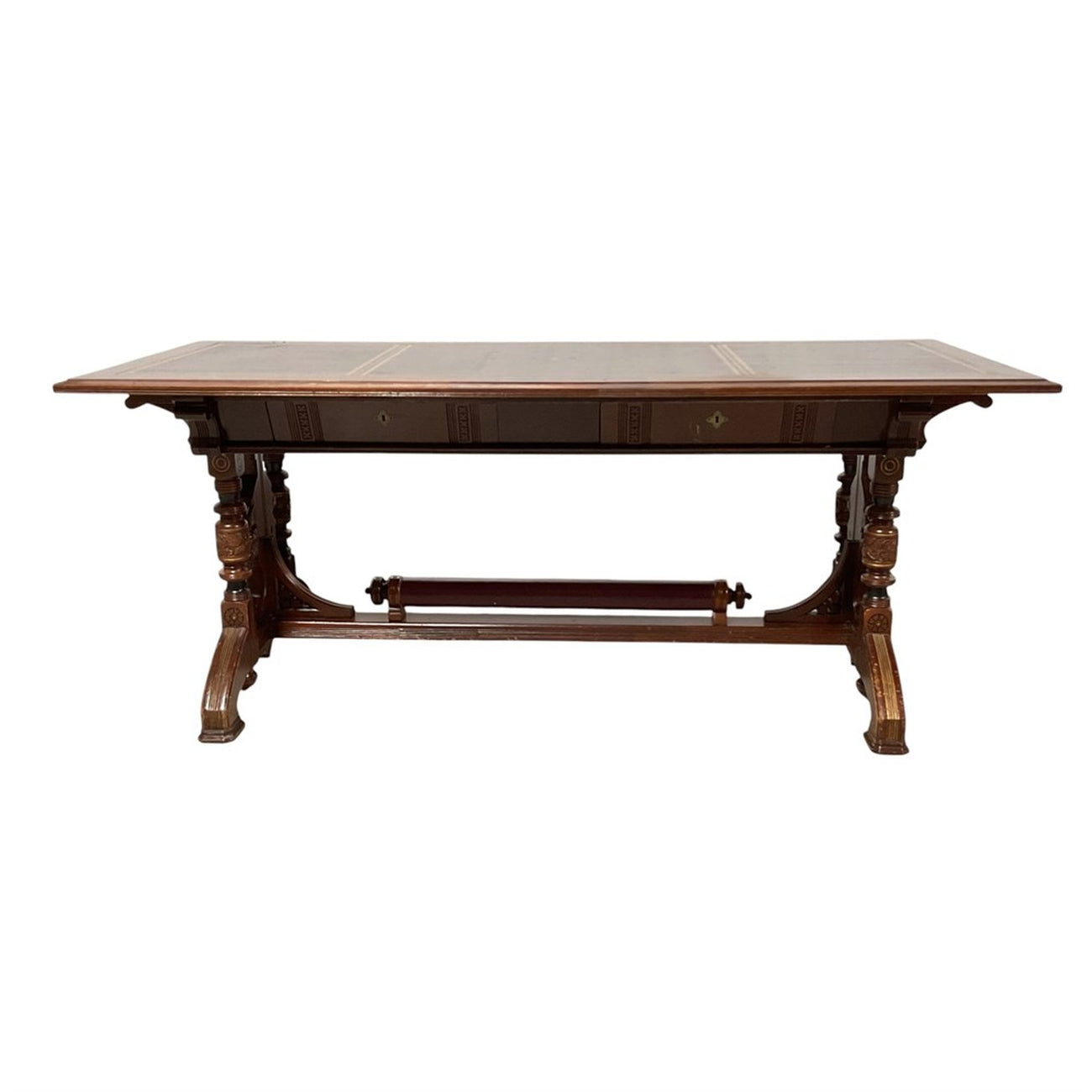 Antique Renaissance Revival Carved Walnut Library Table / Writing Desk — Leather Top