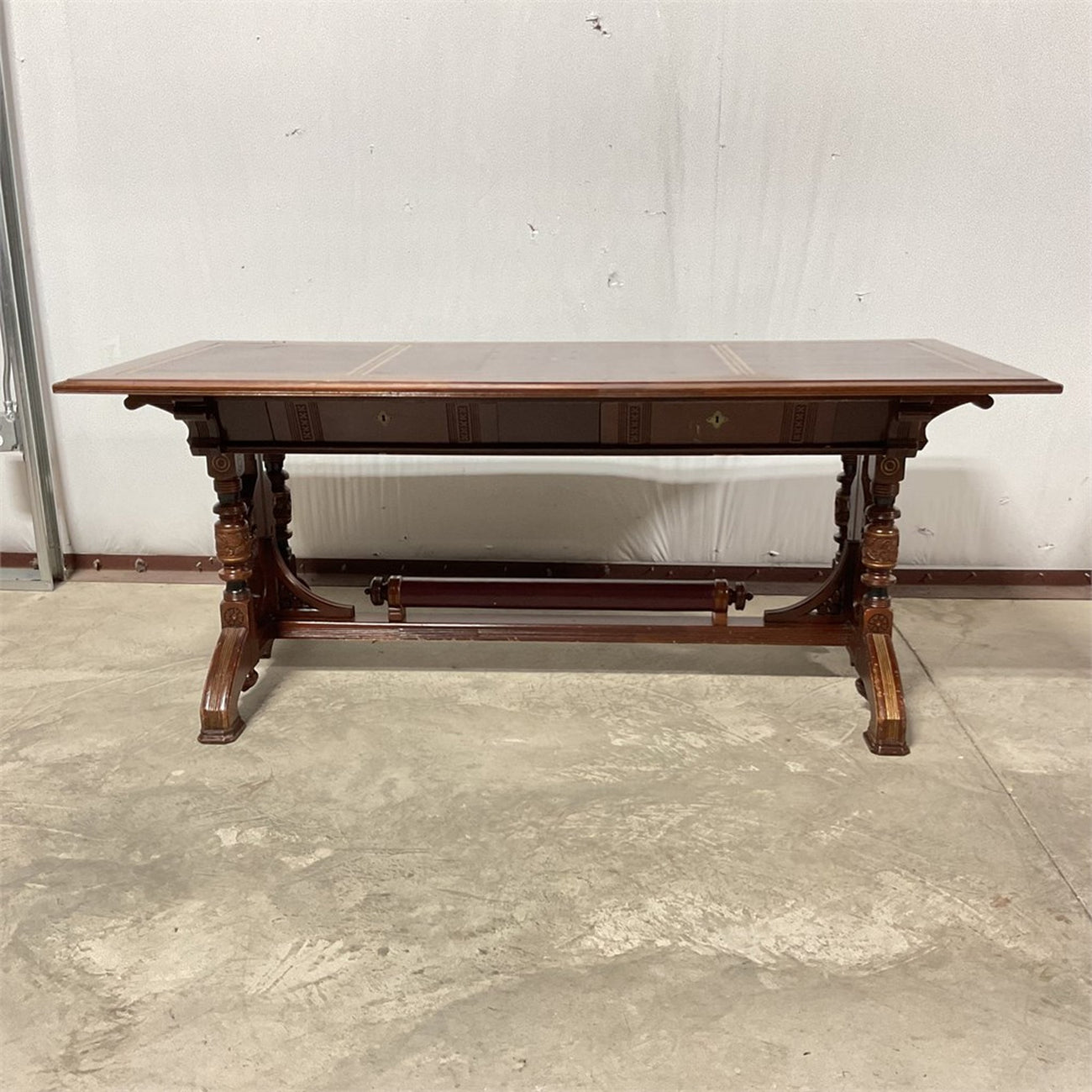Antique Renaissance Revival Carved Walnut Library Table / Writing Desk — Leather Top