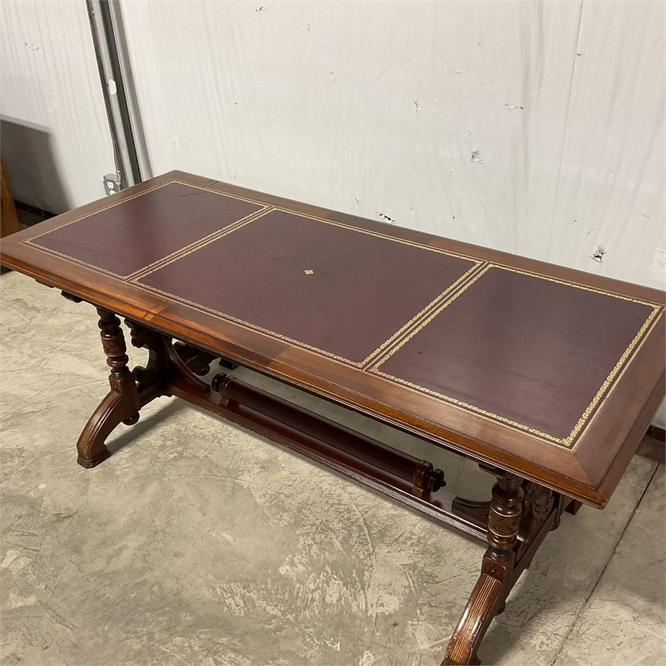 Antique Renaissance Revival Carved Walnut Library Table / Writing Desk — Leather Top
