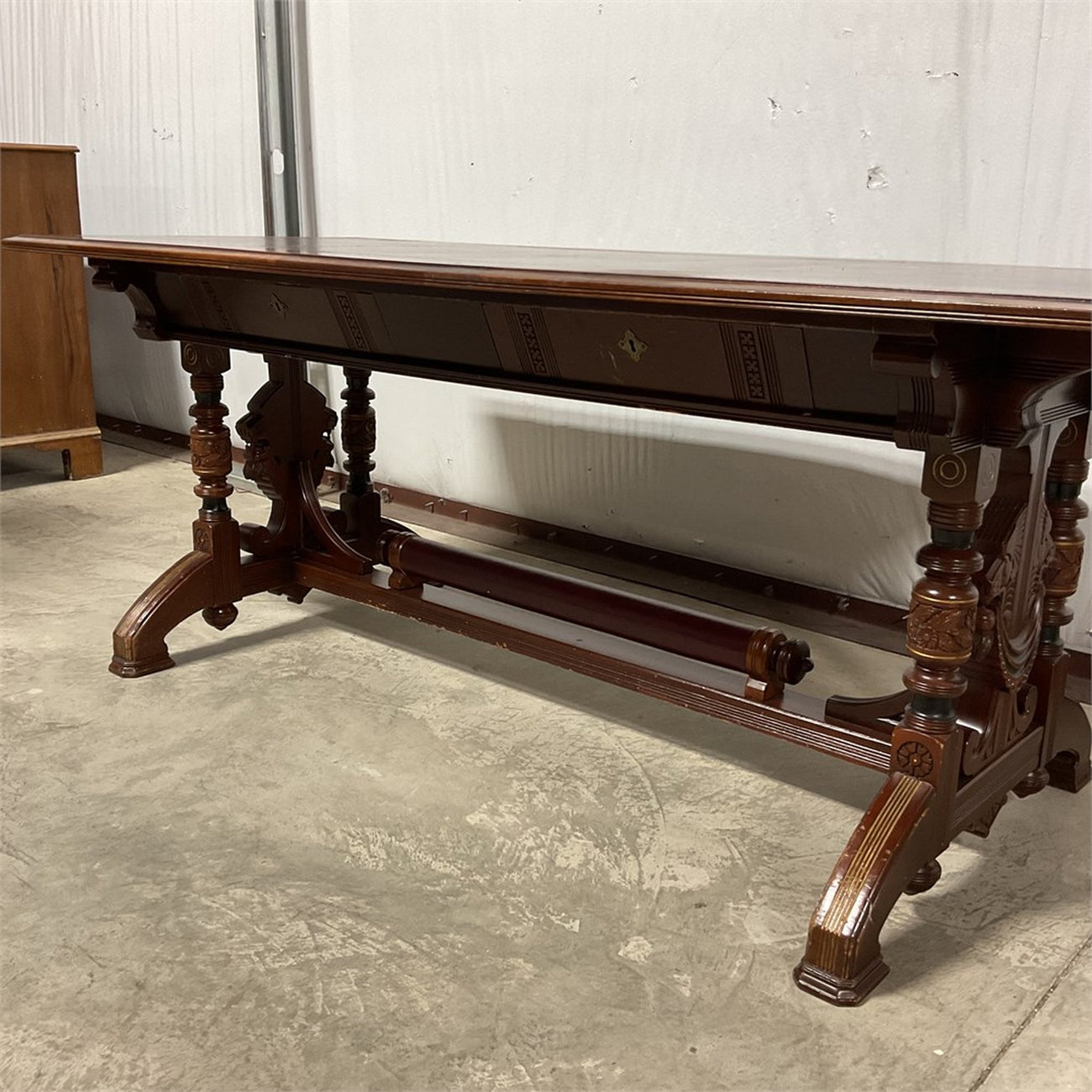 Antique Renaissance Revival Carved Walnut Library Table / Writing Desk — Leather Top