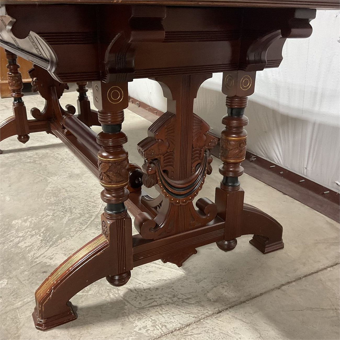 Antique Renaissance Revival Carved Walnut Library Table / Writing Desk — Leather Top