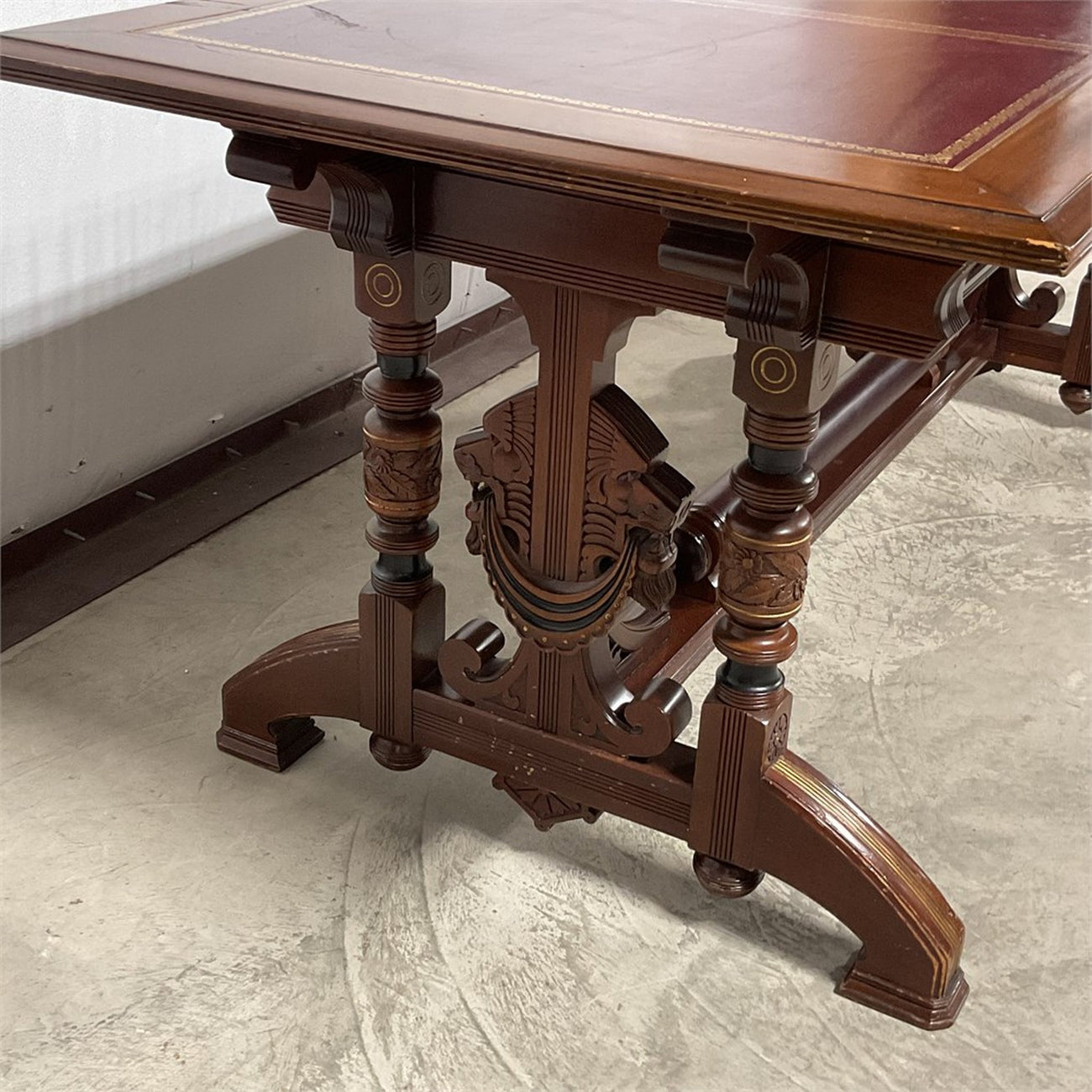 Antique Renaissance Revival Carved Walnut Library Table / Writing Desk — Leather Top