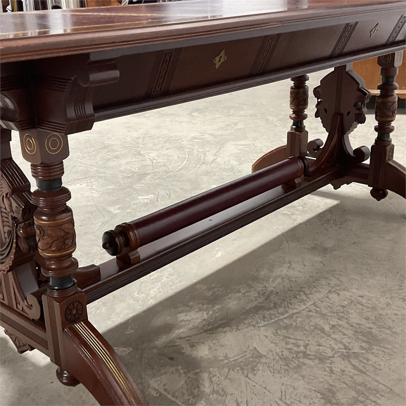 Antique Renaissance Revival Carved Walnut Library Table / Writing Desk — Leather Top