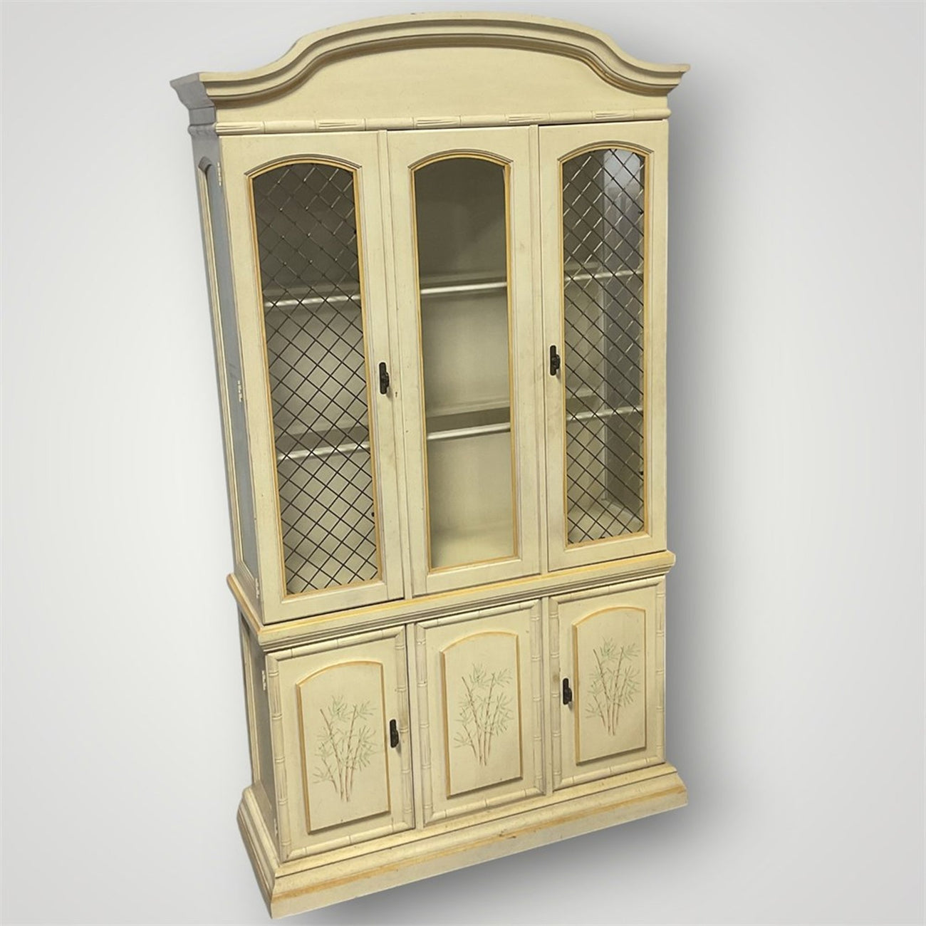 Vintage Faux Bamboo Lighted China Cabinet — French Provincial / Hollywood Regency