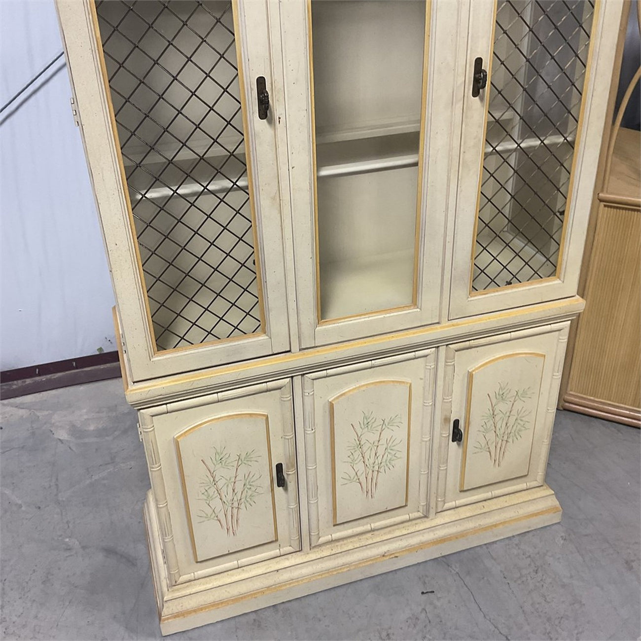 Vintage Faux Bamboo Lighted China Cabinet — French Provincial / Hollywood Regency