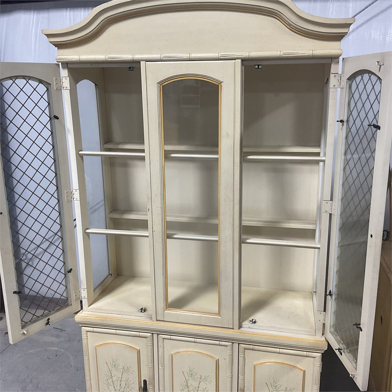 Vintage Faux Bamboo Lighted China Cabinet — French Provincial / Hollywood Regency