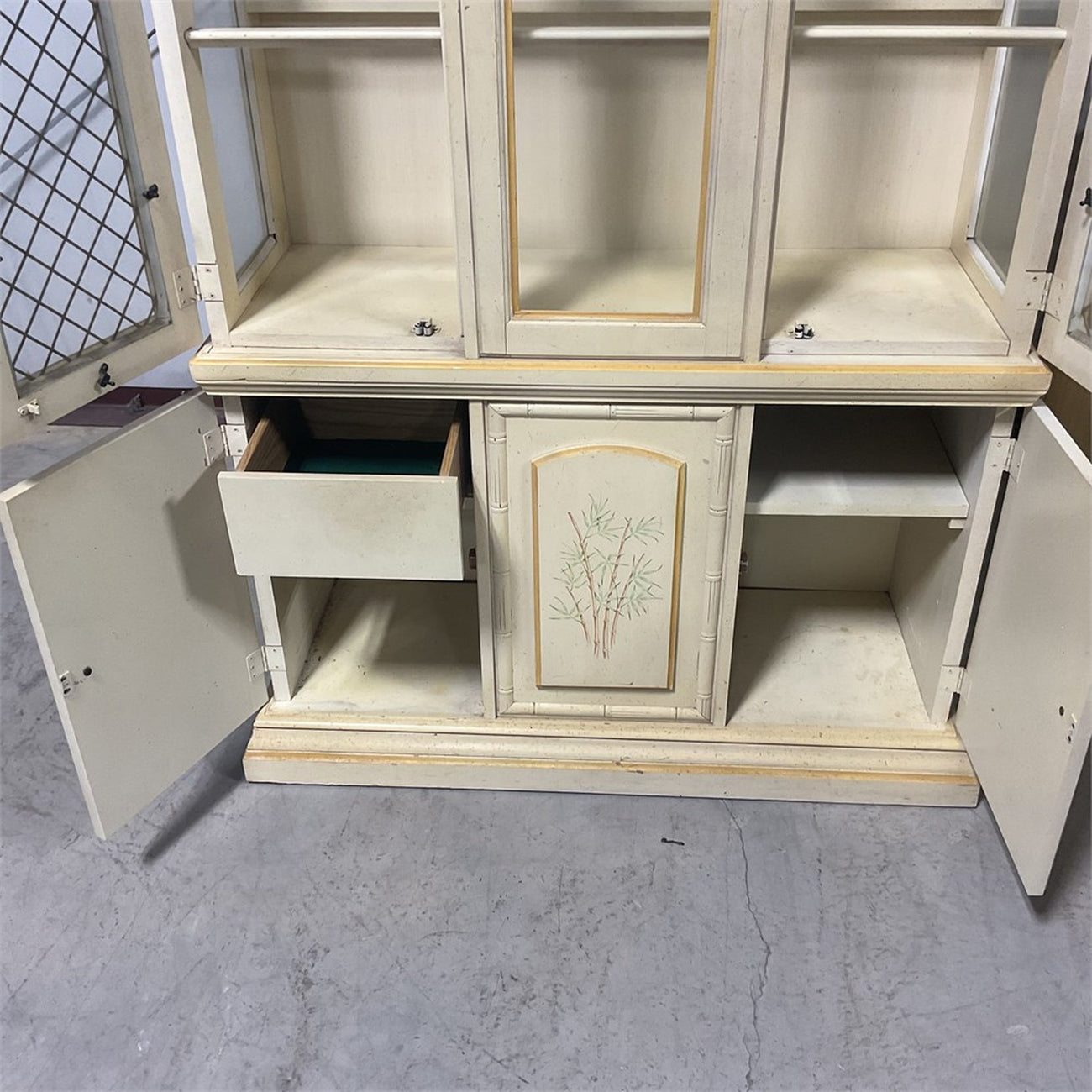Vintage Faux Bamboo Lighted China Cabinet — French Provincial / Hollywood Regency