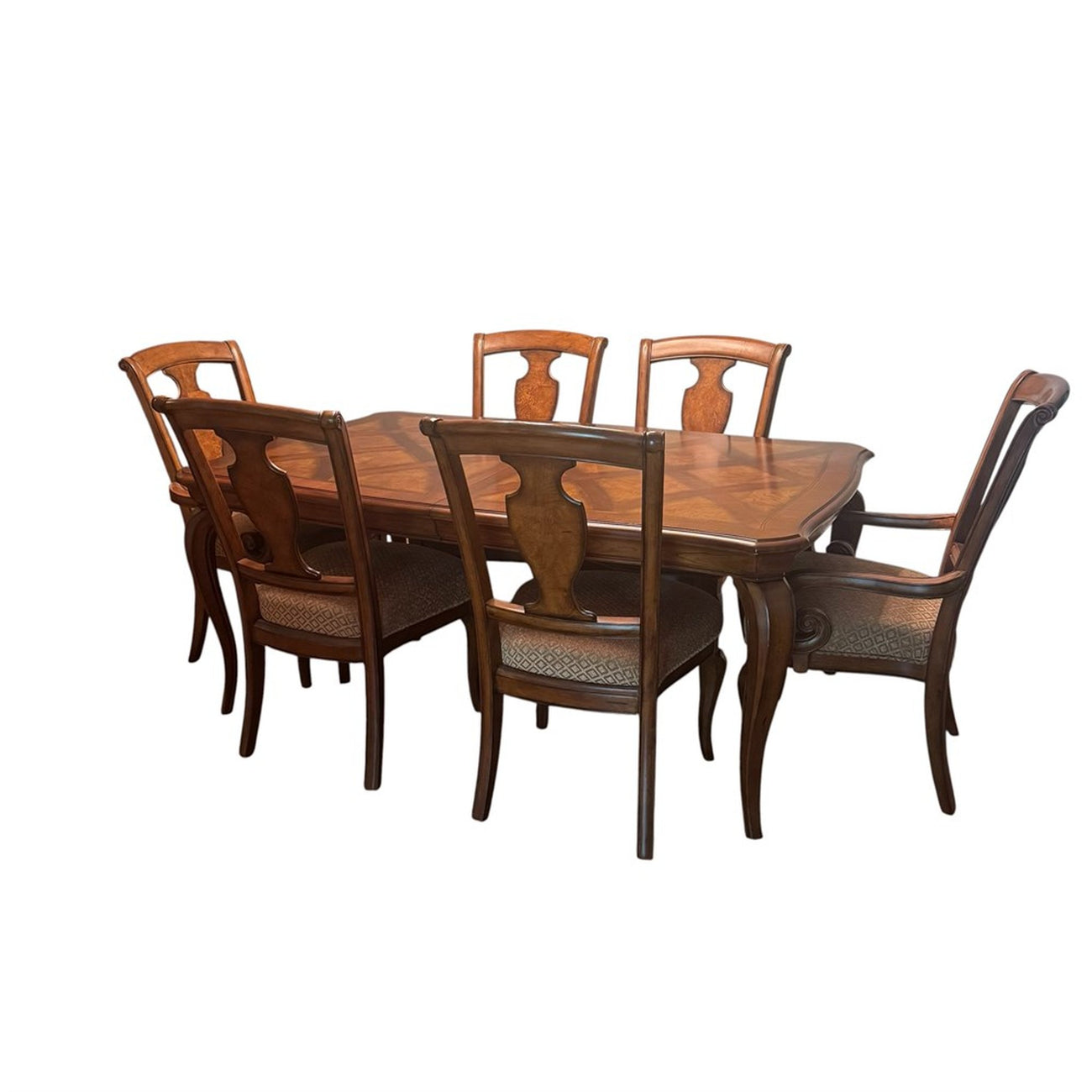 7-piece burl parquetry dining set attributed to Thomasville British Gentry