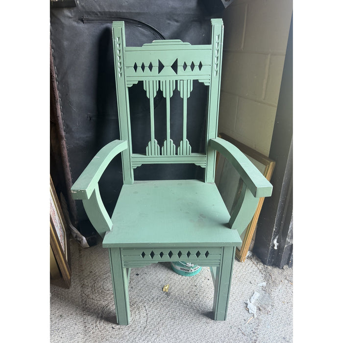 Folk Art Painted Green Wooden Armchair with Geometric Cutouts