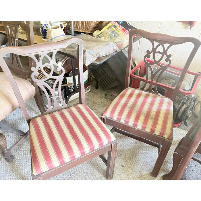 Pair of Chippendale-Style Side Chairs, Red Stripe Seats