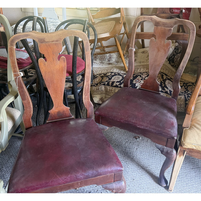 Pair of Queen Anne-Style Side Chairs, Oxblood Leather Seats