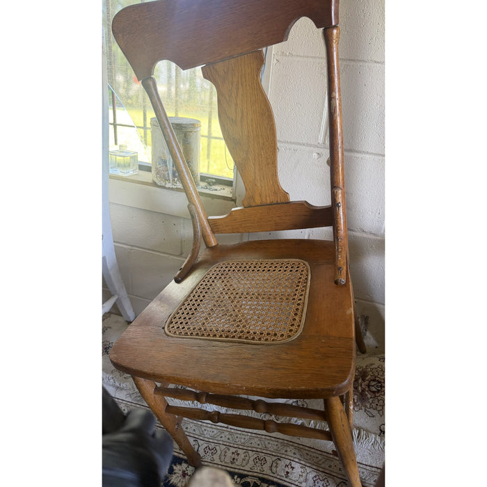 Two Oak Cane-Seat Side Chairs — One Broken, As-Is