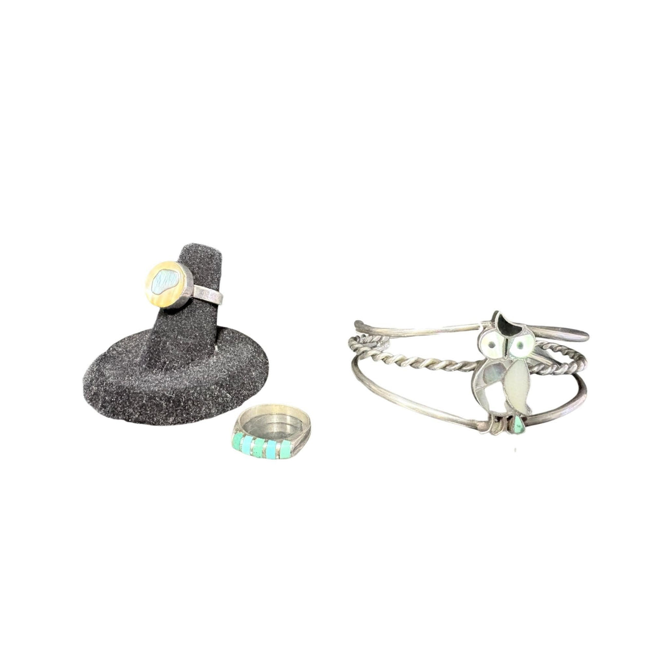 Sterling jewelry lot with Zuni-style owl cuff and two rings