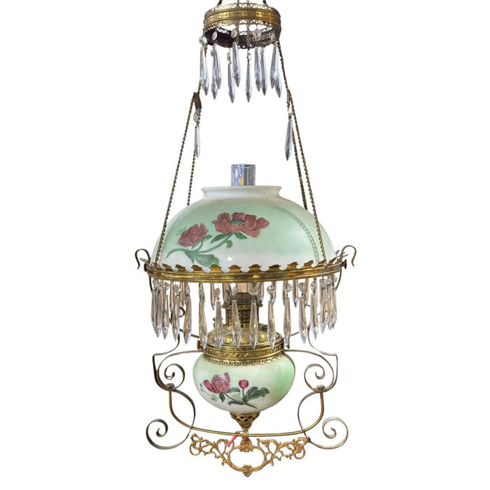Antique Victorian Parlor Hanging Lamp, Electrified — Painted Shade & Rayo Chimney
