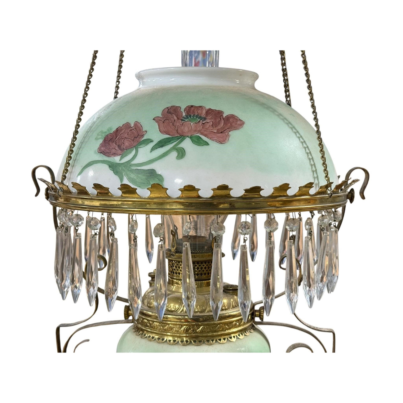 Antique Victorian Parlor Hanging Lamp, Electrified — Painted Shade & Rayo Chimney