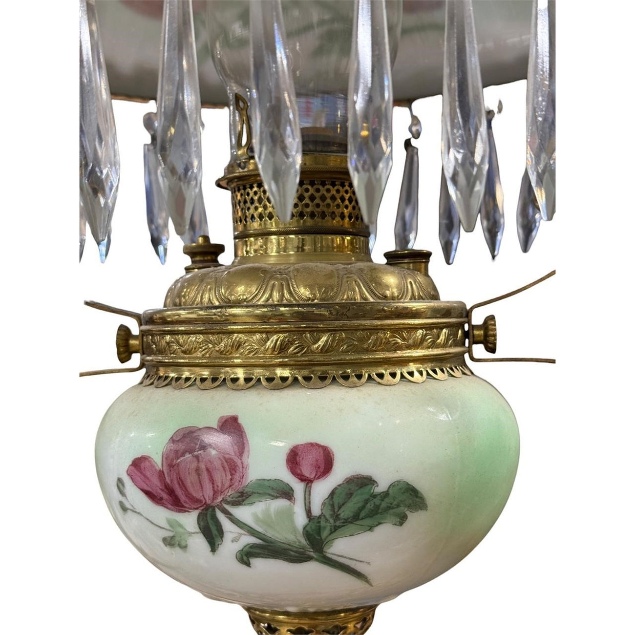 Antique Victorian Parlor Hanging Lamp, Electrified — Painted Shade & Rayo Chimney