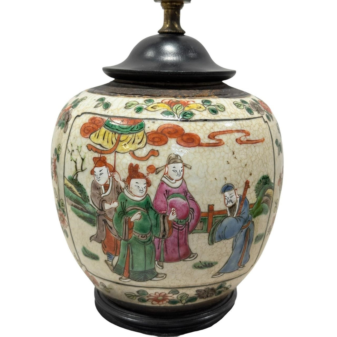 Chinese Export Porcelain Ginger Jar Table Lamp — Famille Rose Figural Scenes