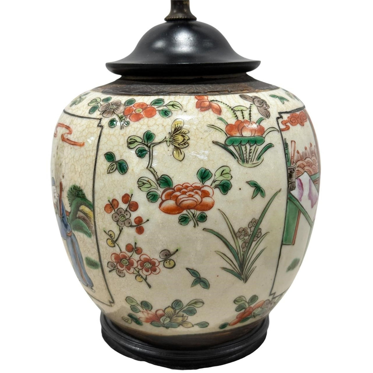 Chinese Export Porcelain Ginger Jar Table Lamp — Famille Rose Figural Scenes