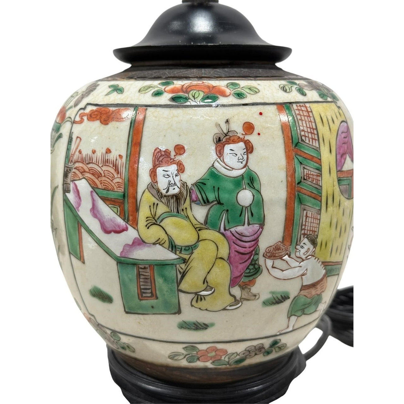 Chinese Export Porcelain Ginger Jar Table Lamp — Famille Rose Figural Scenes