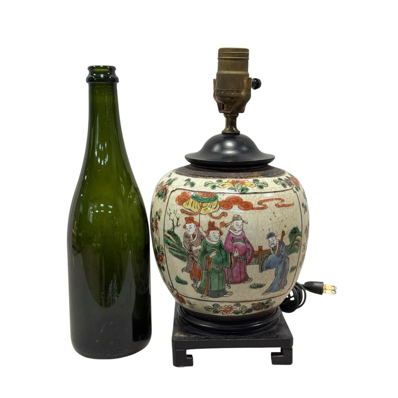 Chinese Export Porcelain Ginger Jar Table Lamp — Famille Rose Figural Scenes