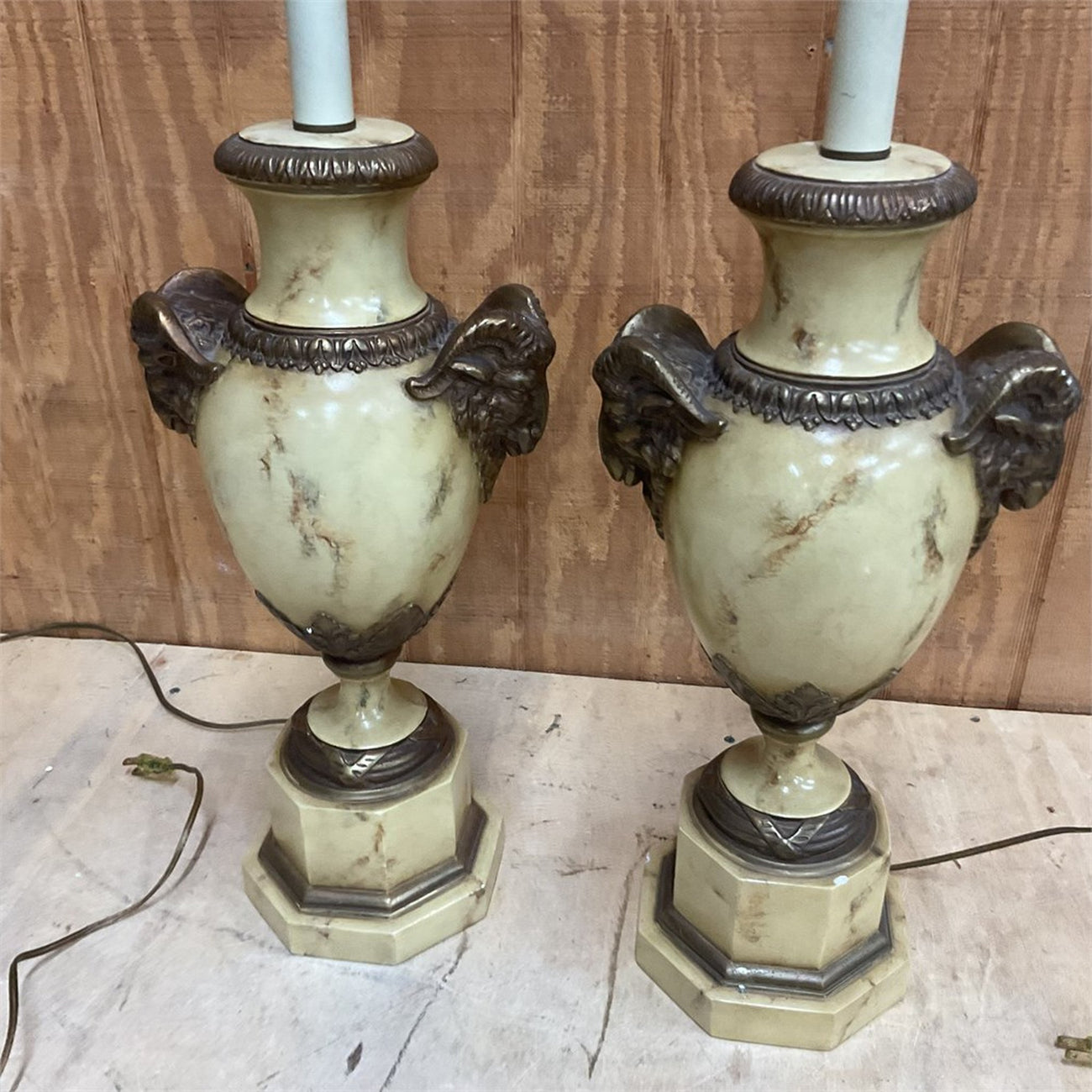 Pair of Neoclassical Ram's Head Urn Table Lamps — Faux Marble & Bronze-Tone