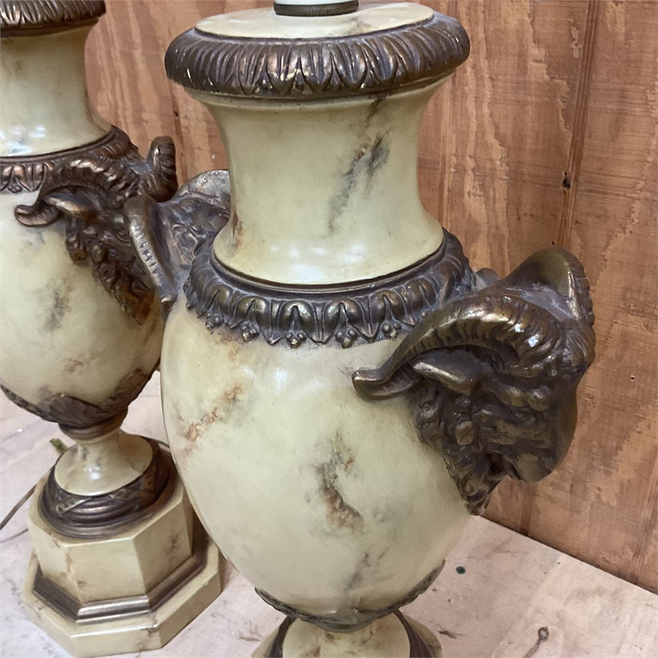 Pair of Neoclassical Ram's Head Urn Table Lamps — Faux Marble & Bronze-Tone