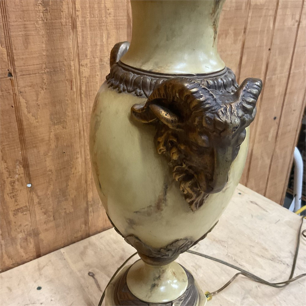 Pair of Neoclassical Ram's Head Urn Table Lamps — Faux Marble & Bronze-Tone