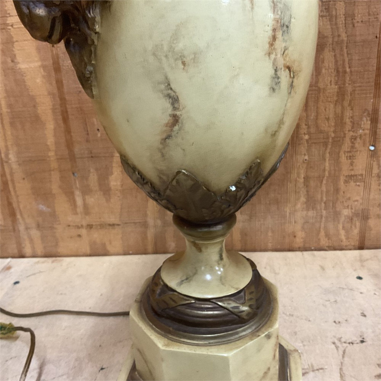 Pair of Neoclassical Ram's Head Urn Table Lamps — Faux Marble & Bronze-Tone